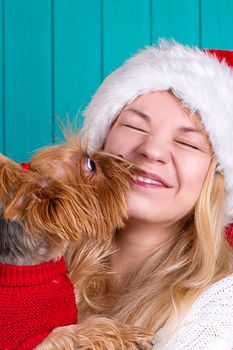 Beautiful girl in santa cap with yorkie dog in red sweater