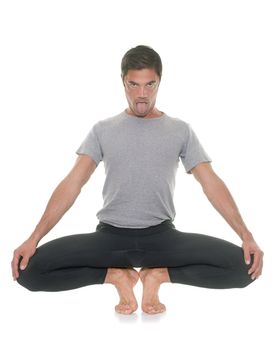 yoga man in front of white background