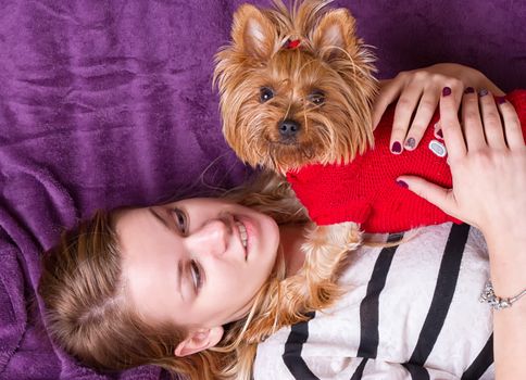 Beautiful young girl playing with her yorkshire terrier at home laying down at sofa and kissing her pet