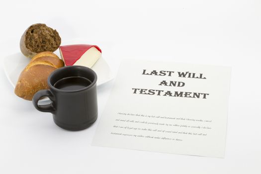 Work on Last Will and Testament next to hot coffee mug, bread, and cheese.  Concept of meeting family responsibilities.  Horizontal photo with copy space.  