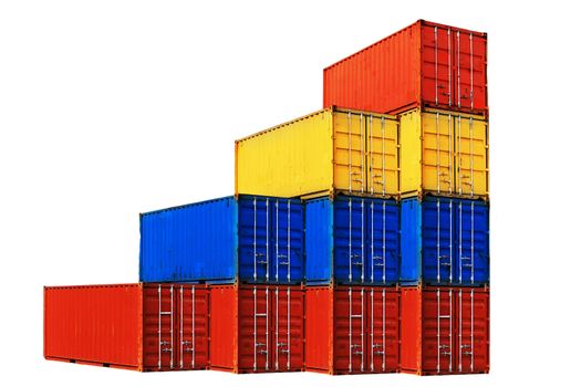 Ten differently colored sea containers stacked, isolated on white background.