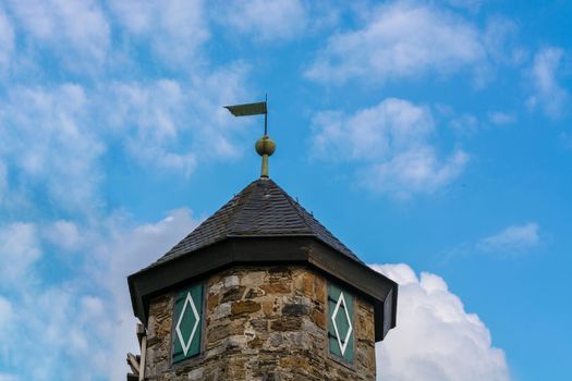 Spire of Castle Hetterscheidt in Heiligenhaus district Hetterscheidt, at Abtskuecher pond.