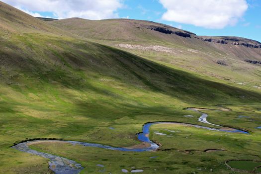 River meandering in a valley in the andes of southern Peru