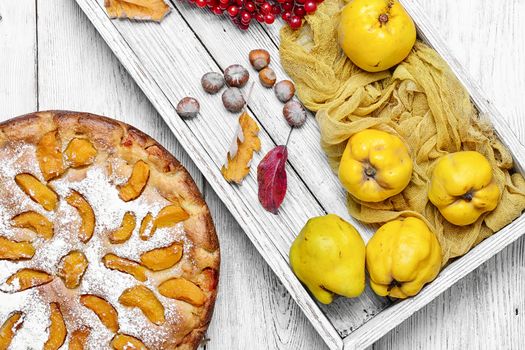 Cake with harvest autumn quince on light wooden background