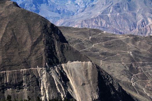 Cotahuasi Canyon Peru with dead road leading into deep canyon. one of the deepest and most beautiful canyons in the world