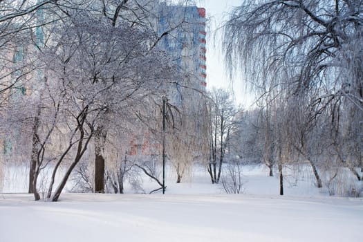 Sunny winter city. Snow-covered urban scene in Belarus