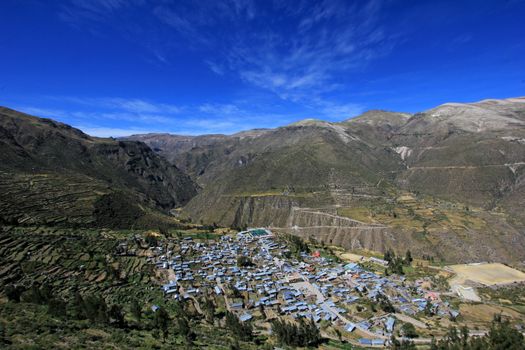 Overview to the nice mountain village Puica at the edge of the very deep Cotahuasi canyon, Peru