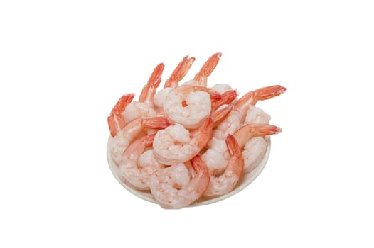 Red peeled prawns lie on a saucer isolated on white background