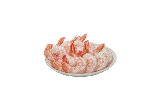 Red peeled prawns lie on a saucer isolated on white background