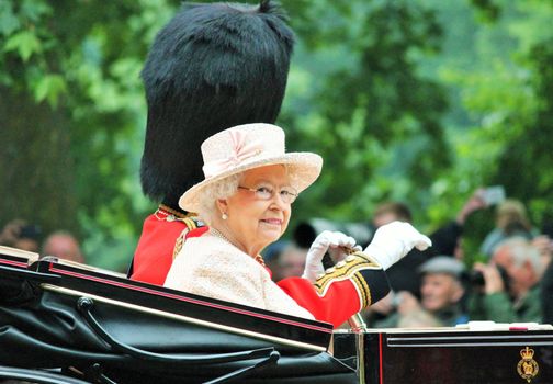 London, UK - June 13 2015: The Queen Elizabeth and Prince Phillip appear during Trooping the Colour ceremony, on June 13, 2015 in London, England, UK
