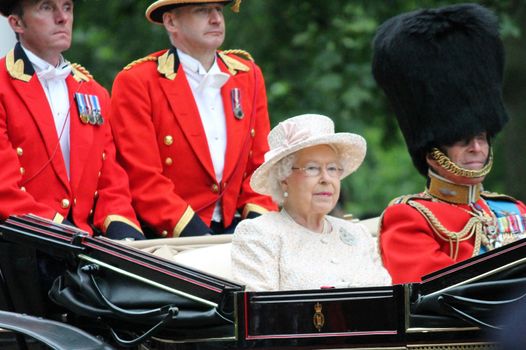 London, UK - June 13 2015: The Queen Elizabeth and Prince Phillip appear during Trooping the Colour ceremony, on June 13, 2015 in London, England, UK