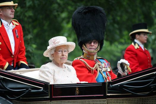 London, UK - June 13 2015: The Queen Elizabeth and Prince Phillip appear during Trooping the Colour ceremony, on June 13, 2015 in London, England, UK