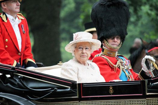 London, UK - June 13 2015: The Queen Elizabeth and Prince Phillip appear during Trooping the Colour ceremony, on June 13, 2015 in London, England, UK