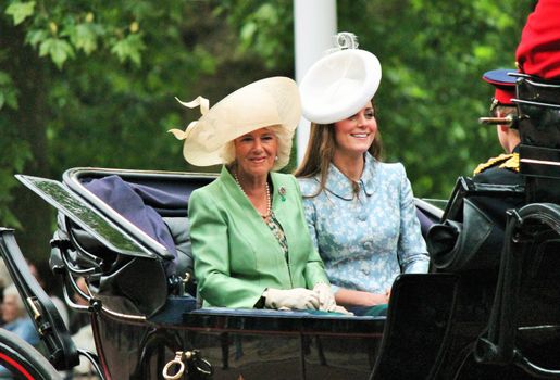 LONDON, UK - JUNE 13: The Royal Family KAmilla and Kate appears during Trooping the Colour ceremony, on June 13, 2015 in London, England, UK