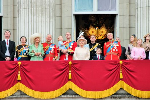 LONDON, UK - JUNE 13: The Royal Family appears on Buckingham Palace balcony during Trooping the Colour ceremony, Prince Georges first apperance on Balcony, on June 13, 2015 in London, England, UK