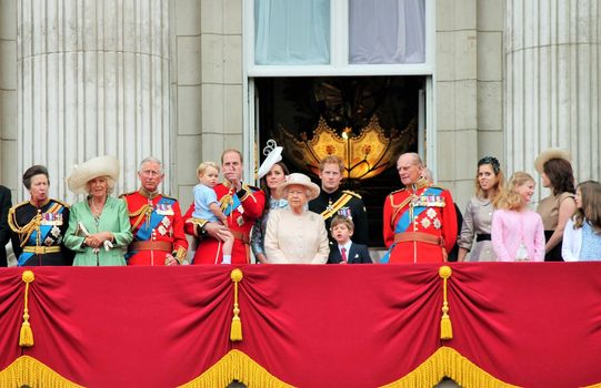 LONDON, UK - JUNE 13: The Royal Family appears on Buckingham Palace balcony during Trooping the Colour ceremony, Prince Georges first apperance on Balcony, on June 13, 2015 in London, England, UK