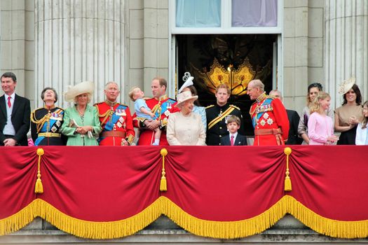 LONDON, UK - JUNE 13: The Royal Family appears on Buckingham Palace balcony during Trooping the Colour ceremony, also Prince Georges first appearance on balcony, on June 13, 2015 in London