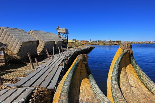Totora reed floating islands Uros, lake Titicaca, near Puno, Peru