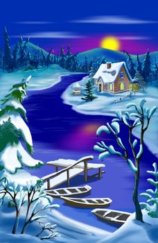 Magic River Landscape at Moon  Christmas Night with Cottage and  Boats near the Pier.  Outdoor New Year scene, handmade illustration  in a classic cartoon style.