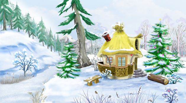 Snowman with a Christmas Tree in a Fairy Tale New Year Night. Handmade animation in classic cartoon style