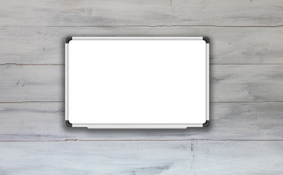 Blank white board with white wooden wall texture background, stock photo