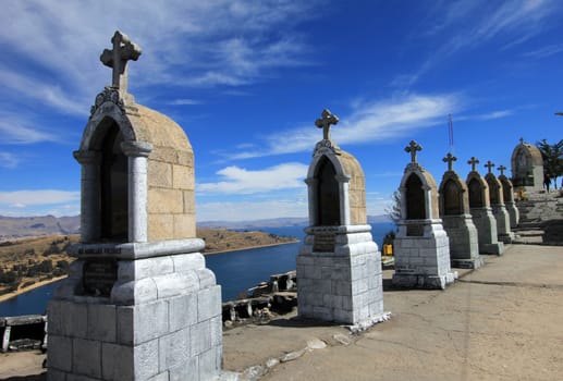 Crosses on the mountain over lake Titicaca and Copacabana, Bolivia