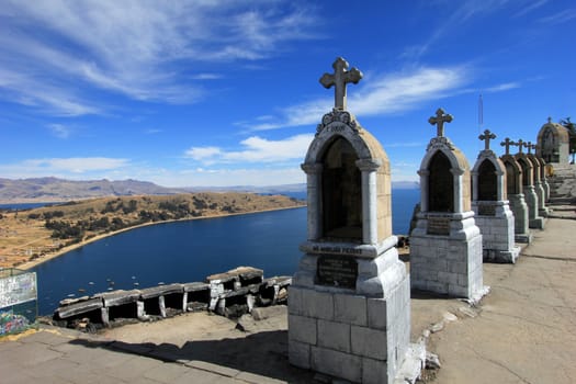 Crosses on the mountain over lake Titicaca and Copacabana, Bolivia