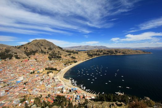 Bay in Copacabana Bolivia, lake Titicaca, view from the mountain