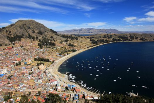 Bay in Copacabana Bolivia, lake Titicaca, view from the mountain