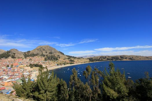 Bay in Copacabana Bolivia, lake Titicaca, view from the mountain