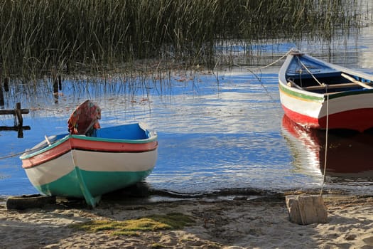 Boats on lake Titicaca, Island of the sun, Isla Del Sol, Bolivia.