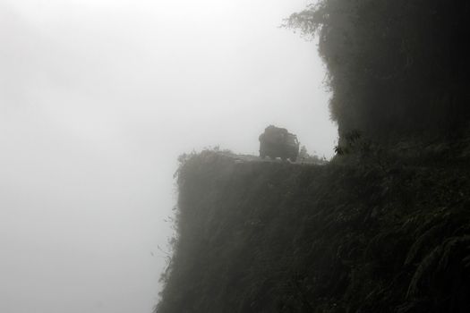 Van on oeath road, so called the worlds most dangerous road in Bolivia South America