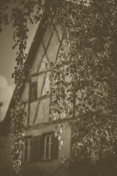 Vintage image with hanging birch tree leaves in the foreground and an old german house in background