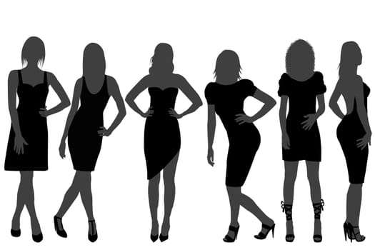 Women silhouettes set with rainbow color dresses and shoes