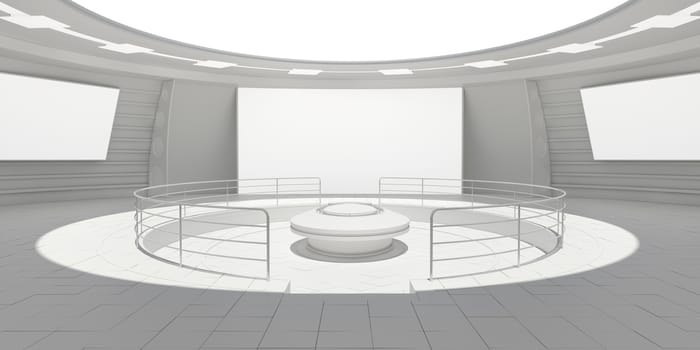 Empty modern futuristic room with white panels. 3D rendering