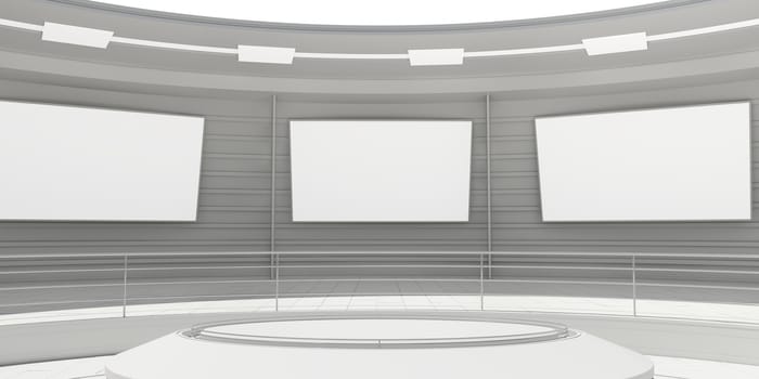 Empty modern futuristic room with white panels. 3D rendering