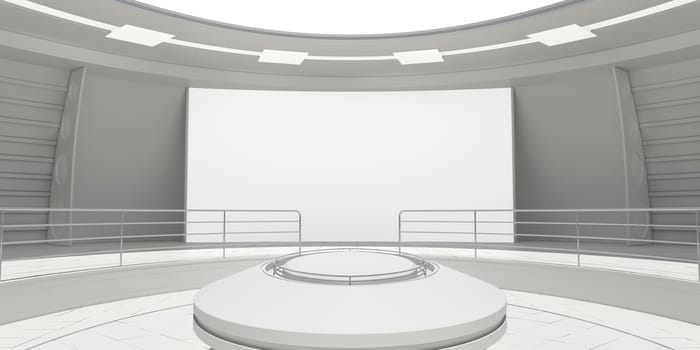 Empty modern futuristic room with white panel. 3D rendering