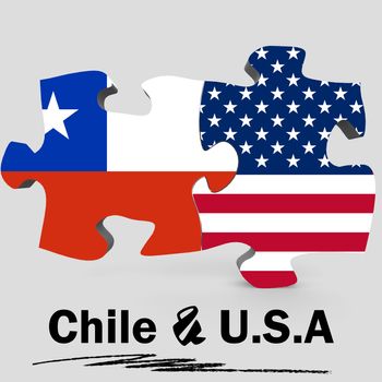 USA and Chile Flags in puzzle isolated on white background, 3D rendering