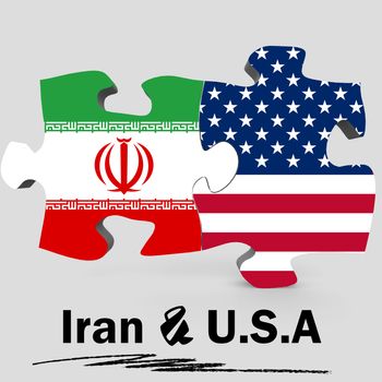 USA and Iran Flags in puzzle isolated on white background, 3D rendering