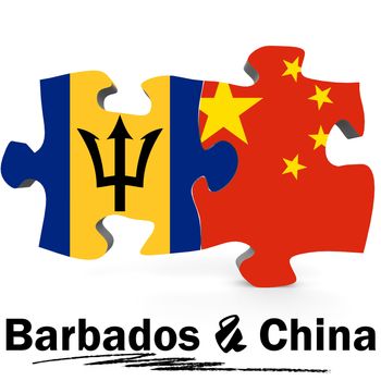 China and Barbados Flags in puzzle isolated on white background, 3D rendering