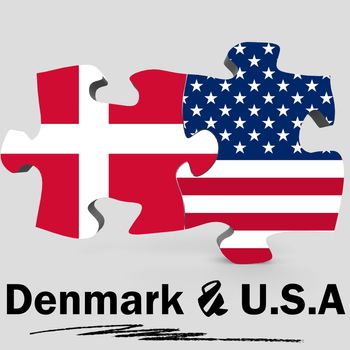 USA and Denmark Flags in puzzle isolated on white background, 3D rendering