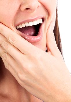 Woman with toothpain, white background