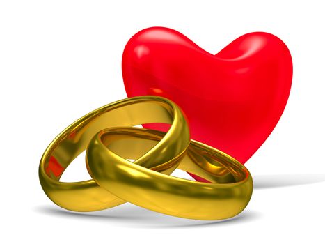 Heart and wedding rings on white background. Isolated 3D image