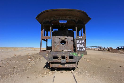 Graveyard of rusty old trains in the desert of Uyuni, Bolivia