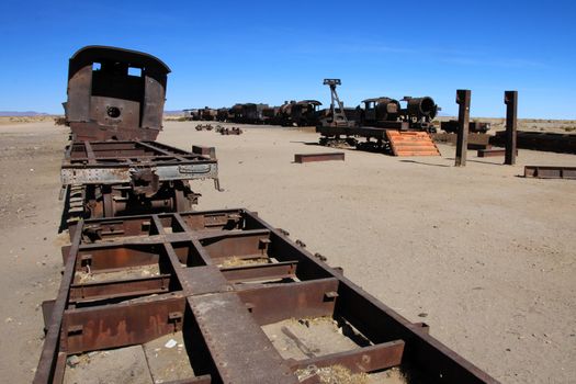 Graveyard of rusty old trains in the desert of Uyuni, Bolivia