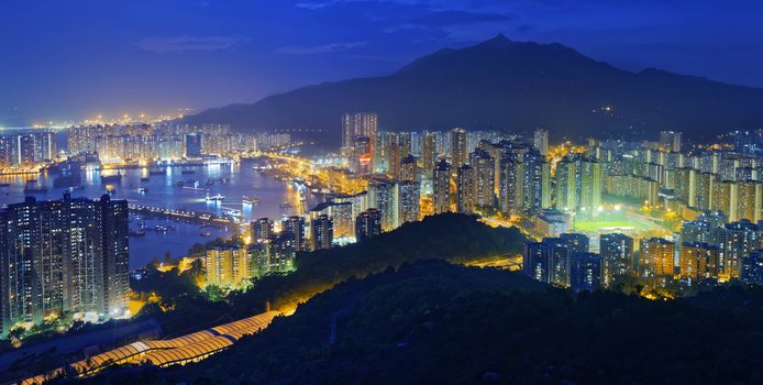 Hong Kong Tuen Mun skyline and South China sea at night