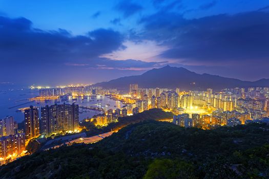 Hong Kong Tuen Mun skyline and South China sea at night