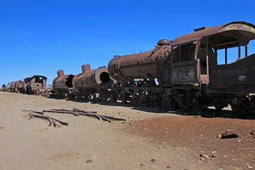 Graveyard of rusty old trains in the desert of Uyuni, Bolivia