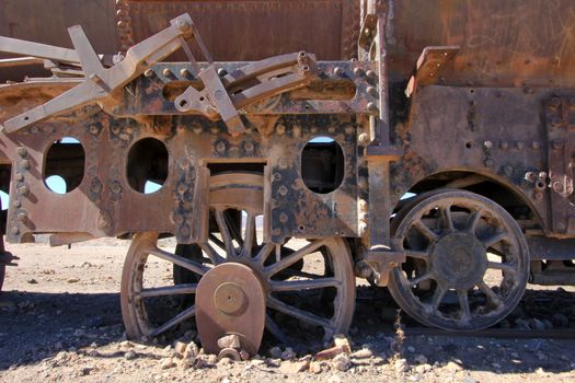 Graveyard of rusty old trains in the desert of Uyuni, Bolivia