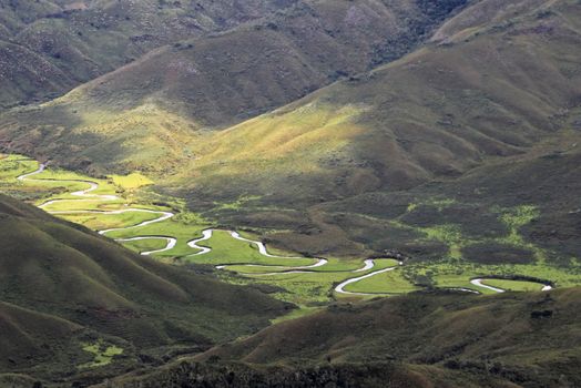 River meandering in Huaylla Belen Valley, northern Peru near Chachapoyas. Nice light and peaceful scenery.